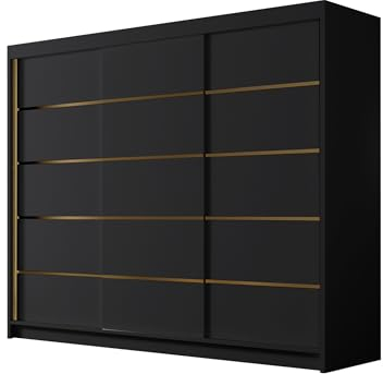 Mirjan24 Kleiderschrank mit Goldverzierung Aramao VII 250 cm Breit, Garderobenschrank, Schlafzimmerschrank mit Kleiderstange und Einlegeböden für Kleidung (Schwarz)