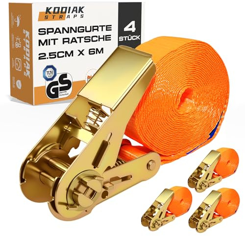 4 Cinghie di Tensione 6m x 1000kg con Chiusura a Cricchetto - Cinghie a Cricchetto da 25mm - Arancione - per Bagagli e Trasporto - Certificato TÜV/GS e secondo la Norma DIN EN 12195-2 - KODIAK STRAPS
