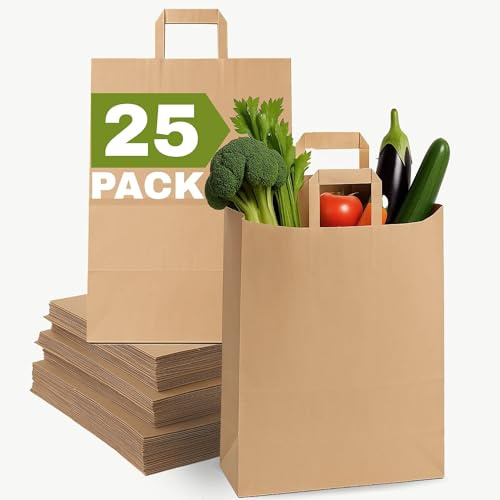 Qutuus Stora bruna papperspåsar med handtag – 30 x 18 x 43 cm 25 st bruna papperspåsar med handtag, stor återanvändbar shoppingväska för återvinning, skräp, togo, detaljhandel.