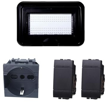 Kit Placca Scatola 504 Premontato IP55, 4 Moduli 1 Presa Schuko P40 + 2 Interruttore, Compatibile Con Bticino Living, Colore Nero, Placca Stagna Idrobox Incasso Da Esterno