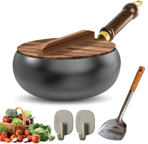 Knubbuf Japanische Eisenpfanne, Eisenpfanne Ohne Beschichtung, 24/26/28cm Biennll Eisenpfanne, Japanische Eisenpfanne Mit Holzdeckel füR Gasherd Und Induktionsherd (24cm)