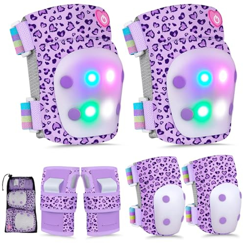 MHJY Kids Knee Pads with Light 6 Pcs Knee and Elbow Pads Wrist Guard Sports Protective Gear Set for Children Ages 3-8 Girls Boys Gift for Bike Roller Skates Skateboard Scooter