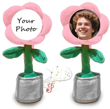 Personalized Dancing Talking Flower with Custom Face, Custom Singing Dancing Talking Sunflower Toy with Voice Recording, Interactive DIY Gift for Birthday Festival (Pink(Battery))