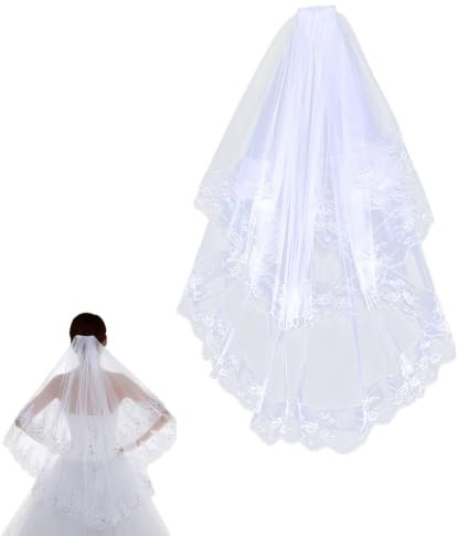 Beufee Velo de boda de encaje de 2 niveles, tul suave velo nupcial accesorios para el cabello nupcial elegante brillante con el peine para mujeres boda