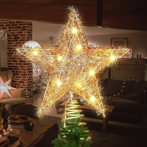 Étoile sommitale élégante pour Sapin de Noël (25x30cm) – 20 LEDs lumière Chaude avec Fil Pet Scintillant et Structure en Fer, décoration de cime de Sapin (Doré)