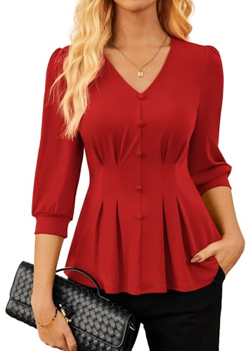 GRACE KARIN Women's Elegant Blouse Shirt V-Neck 3/4 Lantern Sleeve Shirt Pleated Stretch Knit Blouse Tops for Office Work | V-neck, three-quarter puff sleeves, knitted fabric with stretch, decorative buttons, slip model, parties, office and leisure