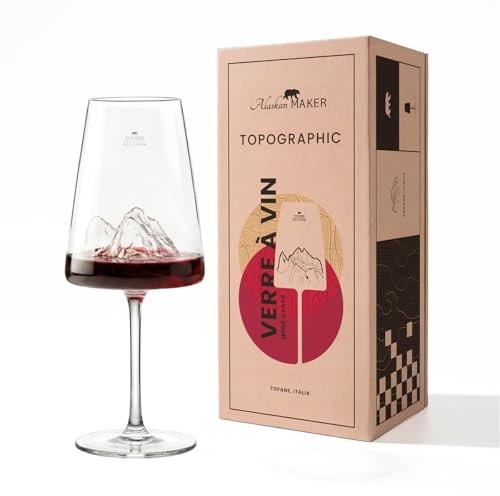Alaskan MAKER Bicchiere da vino 400 ml - Vetro borosilicato soffiato bocca di alta qualità con montagna in rilievo 3D sul fondo | Scatola rigida in cartone premium magnetica | TOPOGRAPHIC (Tofane)