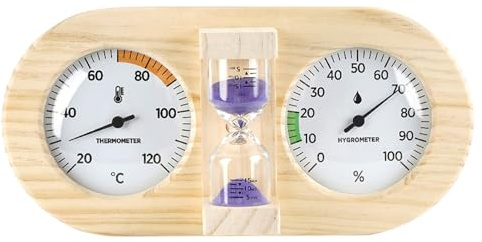 Termómetro e higrómetro de sauna, 3 en 1, accesorios de sauna de madera con temporizador de arena de 15 minutos, soporte mecánico de pared de pino para monitoreo de habitaciones, morado