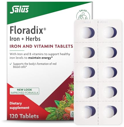 Floradix Iron Tablets - Iron Supplement with B Vitamins, Folic Acid, Vitamin C & More - Energy Support - Vegetarian & Gluten-Free - 120 Tablets (120 Servings)