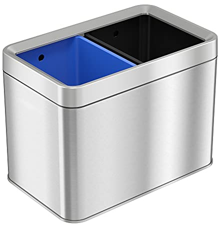 ITouchless 5.3 Gallon / 20L Slim Dual Compartment Open Top Trash Can and Recycle Bin – Rectangular Stainless Steel Wastebasket for Kitchen, Home, Office, Cubicle, Breakroom, Garage