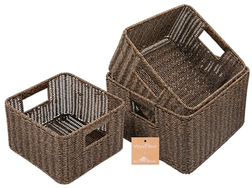 myHomeBody Wicker Storage Basket, Storage Cubes, Woven Baskets for Organizing, Resin Wicker Set of 3, Rustic Brown