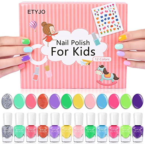 ETYJO Nagellack Kinder Set - 12 Farben Ungiftig Kindernagellack Peel Off mit Blume Nagelsticker, Schnell Trocknen Wasserbasiert Nagellack Set für Mädchen Geschenke Kit ab 3 Jahren