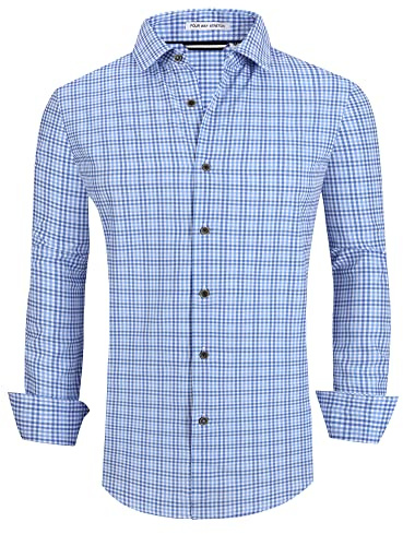 Alex Vando Mens Button Down Shirts Wrinkle Free 4-Way Stretch Print Business Casual Shirt,Blue Plaid,L