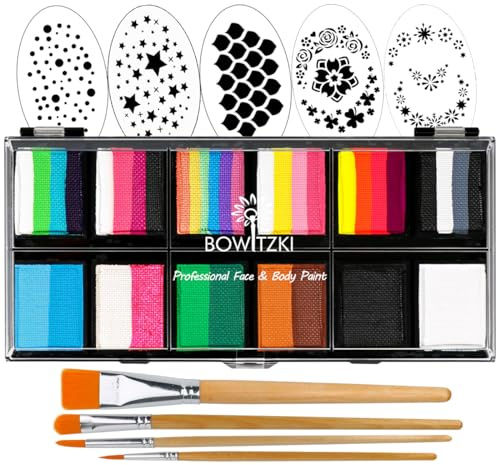 Bowitzki Kit de peinture faciale professionnelle pour enfants et adultes, 12 x 10 g, avec pochoir, gâteau fendu, non toxique, arc-en-ciel, flore, dauphin, licorne, flamme