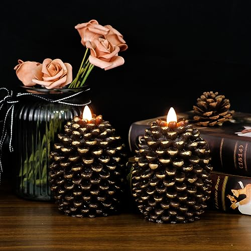 DRomance Flameless Pinecone Candles Battery Operated with 6 Hour Timer Set of 2 Real Brown Wax Flat Wick LED Flickering Pillar Candles Christmas Holiday Decor(Brown, 3.5 x 4.7 Inch)