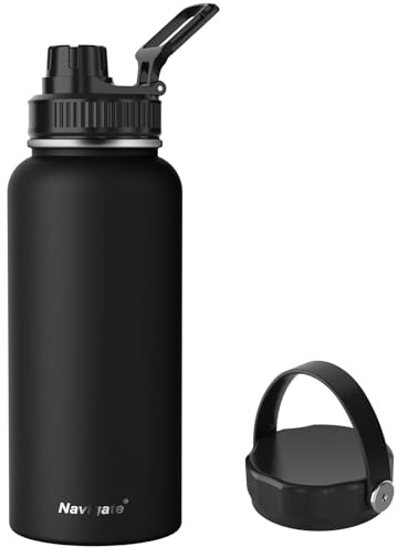Navigate 32 oz Insulated Stainless Steel Sports Water Bottle with Spout & Handle Lids,Wide Mouth Water Jug with Double Walled Leak Proof Keep Cold for 24 Hrs Hot for 12 Hrs,Black