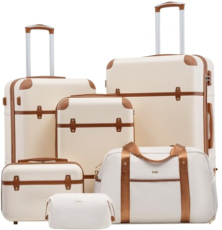 COOLIFE Koffer Trolley Koffer Reisekoffer ABS Hartschalen Trolley 4 Rollen TSA-Schloss Grosse Kapazität Der Koffer Enthält 1 Reisetasche und 1 Kulturbeutel (Weiß/Braun, Koffer-Set 6tlg)