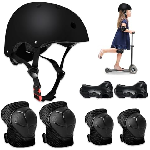 Riisoyu 7 Pcs Sets de Protection Rollers, Equipement de Protection Enfant Ensemble Genouillères Coudières protège-Poignets avec Casque Vélo Enfant Réglable pour Skateboard Cyclisme, Noir