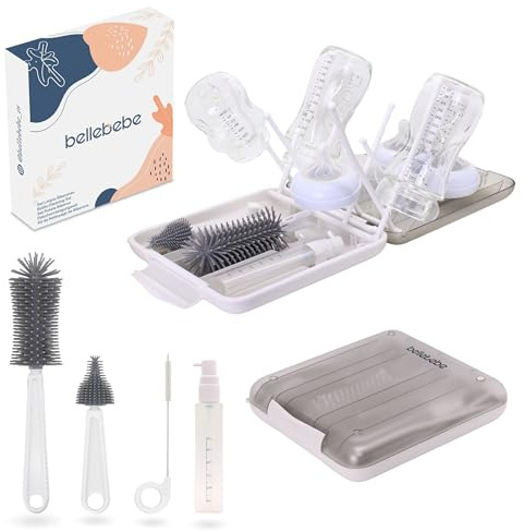 BELLEBEBE Set Escurre Biberones con Limpia Biberones - 6 en 1 Kit Cepillo Limpia con Escurre Plegable - Portátil - Transportable - Regalo para Bebé - SIN BPA - Blanco