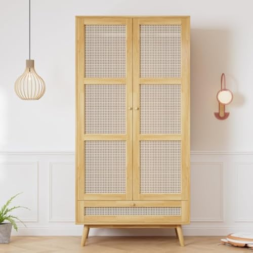 Armario con barra, armario de 2 puertas, dormitorio, red de ratán, sala de estar, con tapa inferior abatible, tableros de partículas+ratán de polietileno, natural