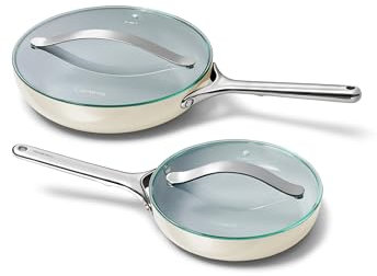 Caraway Ceramic Fry Pan Duo with Glass Lids - Non-Stick Frying Pans (10.5” & 8”) - Non Toxic, PTFE & PFOA Free - Oven Safe & Compatible with All Stovetops – Cream