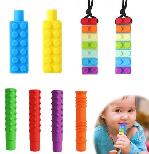 URHRHU 8 Stück Kaukette, Silikon Beißring Kette Sensory Kauen Halskette Kauspielzeug Kinder, Kauaufsatz Stifte Enthält 6 Chew Pencil Topper und 2 Kaukette für Kinder mit ADHS Autismus Beißende