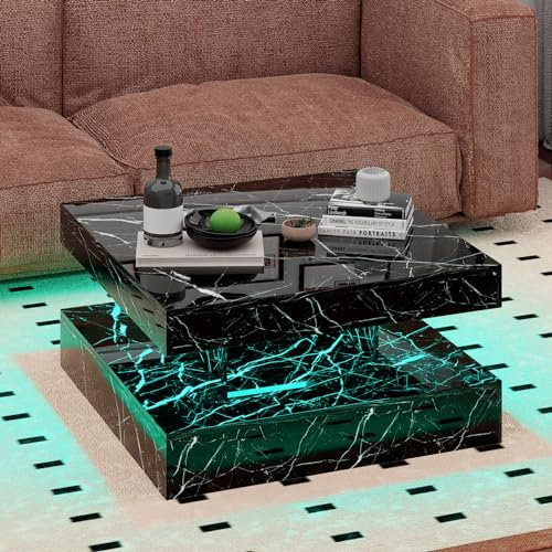 KEEPREAPER Black Marble Square Coffee Table for Living Room, Modern Coffee Tables with Storage, LED Light Coffee Table 2-Tier Square Middle Center Table,Contemporary Wood Tea Tables for Dining 