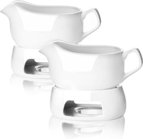 Large 18 Oz Gravy Boat with Warmer, White Fine Porcelain Saucier with Big Dripless Lip Spout, Gravy Bowl for Thanksgiving, Warming Sauces, Salad Dressings, Microwave & Freezer Safe