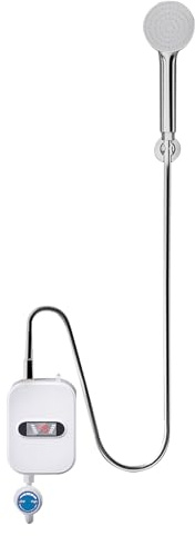 Genomströmningsvärmare, elektrisk varmvattenberedare med duschslang och handdusch, 3 500 W miniduschvärmare, IPX4 vattenskydd, LED digital display, för badrum och kök, vit