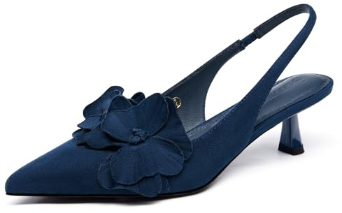 Coutgo Womens Slingback Kitten Heels Flower Closed Pointed Toe Pumps Wedding Party Dress Sandals Shoes, Navy Blue, 7 UK