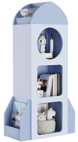 Clevich Kinder Bücherregal,120×60×31 cm,bücherregal kinderzimmer,kinderregal,Spielzeugregal,Mit 3 Ebenen 2 Seitenregalen,Rakete Motiv für Jungen und Mädchen