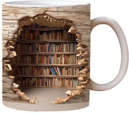 Qoukonao Tasse de bibliothèque 3D en céramique, 350 ml, pour les amateurs de livres, les bibliothécaires, la cuisine à domicile, les lecteurs