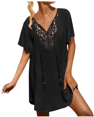 Robe de Plage Femme Été, Tunique de Plage Élégante Chemise de Plage en Coton en Lin, Couvre Maillot de Bain Robe Couvrir Bikini Cover Up Bohème Beachwear (Z-Black, XXXL)