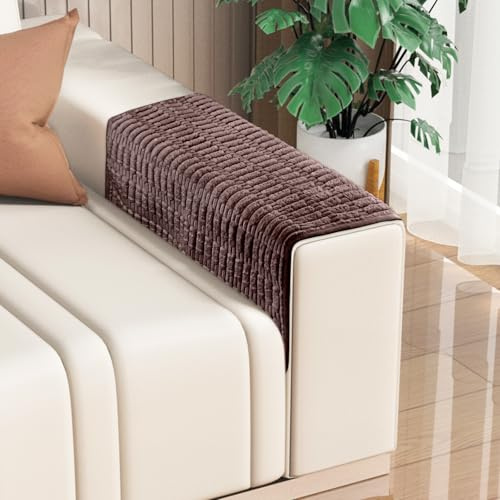 Sofa Armrest Cover, 2pcs Anti-Slip Couch Arm Protectors, Embossed Chenille Fabric Stretch Couch Arm Cover, Washable Pet Dog Couch Covers for Office, Leather Sofa, Recliner and Chairs(Brown, 46x66cm)