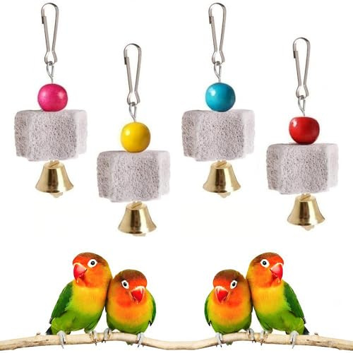 Kovcfon 4Pcs Bird Teeth Grinding Chew Treats Toy with Bell Beak Grinding Stones Toys Parrot Cages Training Hanging Chew Toys Bird Cage Accessories for Parakeets