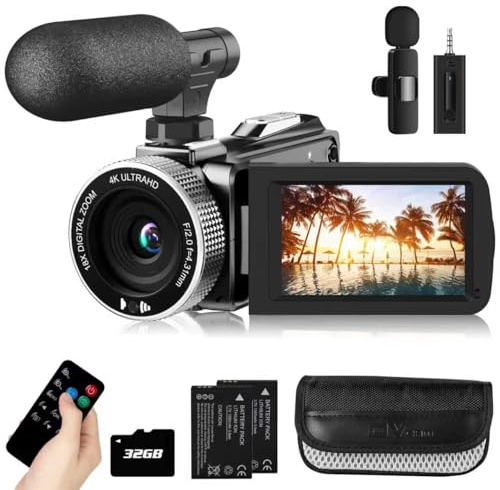 Hojocojo 4K Video Camera Camcorder Mini Mic 48MP 60FPS UHD Vlogging Cameras for YouTube 18X Digital Zoom 3.0''IPS Screen Camera with 32GB Card, Wireless Lavalier Microphone, Remote, 2 Batteries