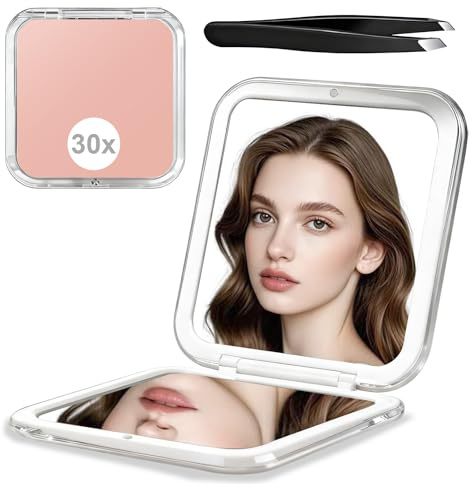 LAIVIYA Specchio Ingranditore 30X,Doppio Lato Specchio Ingranditore Portatile da Borsetta 8.5x8.5cm Pieghevole Piccolo Specchio con Pinzette per Trucco Portafoglio, Viaggio e Uso Quotidiano