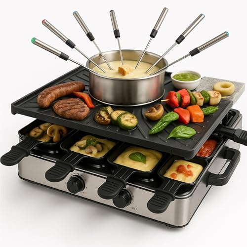 Raclette Fondue Set für 8 Personen mit Pfännchen & Schaber - Rostfrei & Regulierbar (Fondue Set)