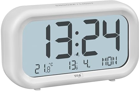 TFA Dostmann Sveglia digitale NOCTA, 60.2052.02, display LCD con ampio display dell'ora, funzione snooze, temperatura ambiente, indicazione del giorno della settimana con data, allarme forte, bianco