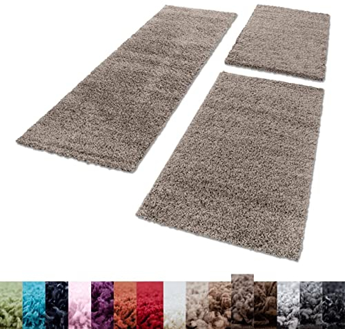 Unbekannt Shaggy Hochflor Teppich Carpet 3TLG Bettumrandung Läufer Set Schlafzimmer Flur, Farbe:Taupe, Bettset:2x60x110+1x100x200