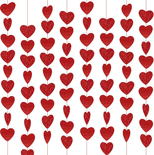 8 Packs Red Glitter Heart Garland- NO DIY - Heart Garland Decorations - Valentines Day Hanging String Banner - Valentines Day Decorations - Valentine's Day Party Decor Supplies