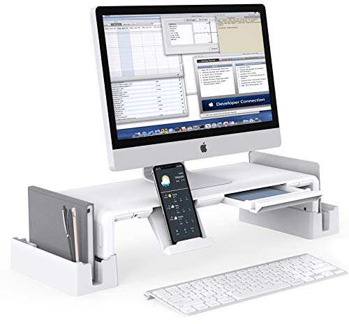 MiiKARE Monitor Stand with Storage Functions Height Adjustable Monitor Riser w/ Pull-Out Drawer+Phone Stand+2 Extra Storage Racks, Monitor Holder Desktop Organizer for Screen, TV,Printer-White