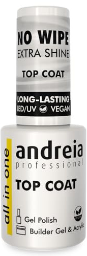 Andreia Professional No Wipe Top Coat Gel Polish - Soak Off UV LED Clear Nail Polish - Vegan Nail Varnish - Best for Nail Art High-Gloss Finish All in One 10.5 ml…