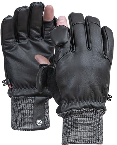 Vallerret Hatchet Photography Glove, FlipTech Finger Caps with Magnets, Merino Wool Lining for Comfort & Resilient Goat Leather (Black, L)