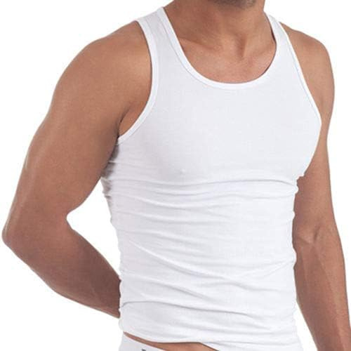 Men's 100% Cotton Singlet Sleeveless Vests Bodybuilding Training Gym Tank Tops Basic Plain Colour Casual Undershirt (L, White)