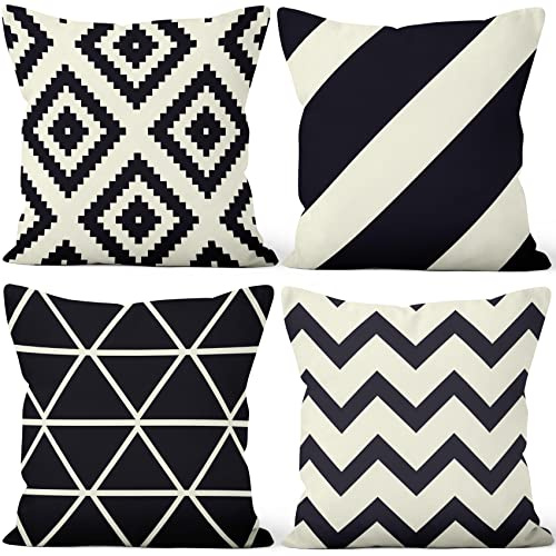 Aoihrraan Fundas de Cojines Juego de 4, Raya Minimalista De Geometría En Blanco Y Negro Cuadrado Corto De Felpa Suave Funda De Almohada para Sofá Dormitorio Silla Coche Decoración del Hogar 40x40cm