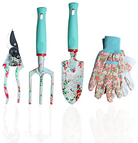 MQFORU Gartenwerkzeug Set, 4 Stück Gartenwerkzeug, Gartenset Werkzeug für Frauen, Baumschere, Handschuhe, Kelle, Kultivator Gartengeräte für Gartenarbeit, Grün