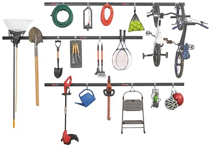Rubbermaid 24-Piece FastTrack Garage Wall-Mounted Storage Kit, 6 Rails and 18 Hooks, Black, for Home/House/Tool/Sports/Equipment/Utility Purposes