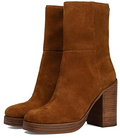 Stivale medio in pelle color cuoio con tacco spesso e plateau da donna stranda