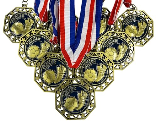 Express Medals Soccer Gold Medals Trophy Award with Neck Ribbons EMDC214Soccer - (Pack of 10)